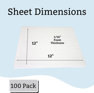 Pre-Cut Extruded PE Foam Packing Sheets, Eco-friendly 100% Recyclable and Reusable 12”x 12”x 1/16” Thickness, 100 count